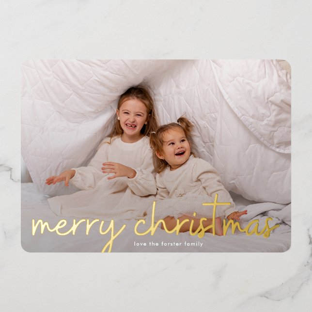 modern merry christmas Gold Photo Foil Holiday Card (Front)
