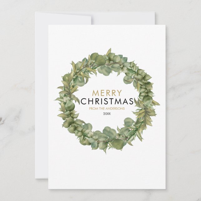 Modern Merry Christmas Greenery Garland Holiday Card (Front)