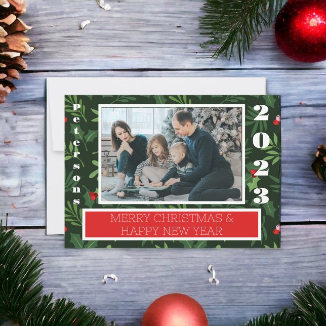 Modern Merry Christmas Greenery Holly 2 Photo Holiday Card (Creator Uploaded)