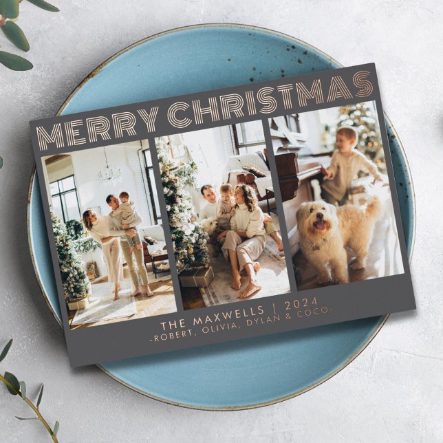 Modern Merry Christmas Grey Photo Foil Holiday Card (Creator Uploaded)
