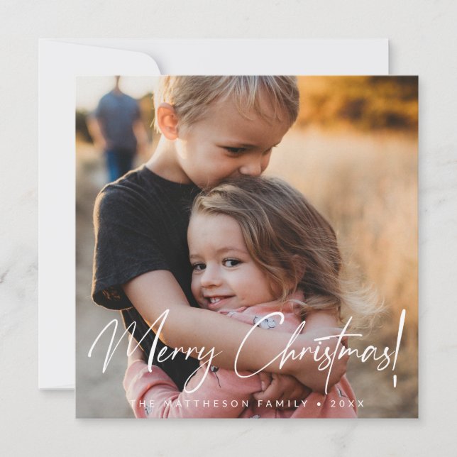 Modern Merry Christmas Handlettered script photo   Holiday Card (Front)