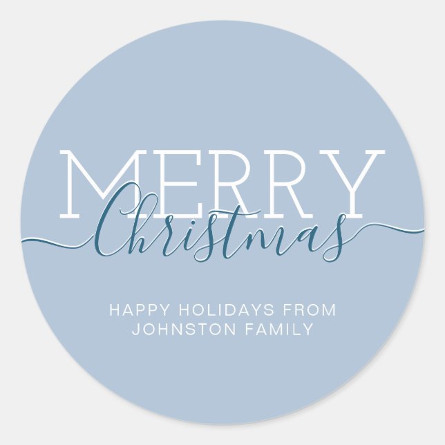 Modern Merry Christmas holiday pastel blue Classic Round Sticker (Front)
