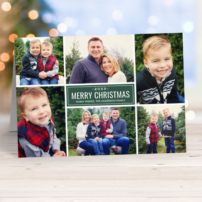 Modern Merry Christmas Hunter Green Photo Collage Holiday Card (Creator Uploaded)