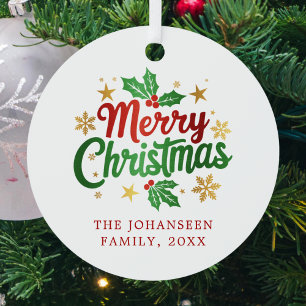 Modern Merry Christmas Keepsake Typography Family Metal Ornament