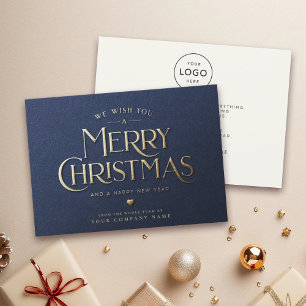 Modern Merry Christmas Minimalist Blue Business Holiday Card