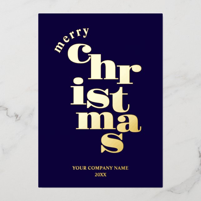 Modern Merry Christmas Navy Blue Corporate Logo Foil Holiday Card (Front)