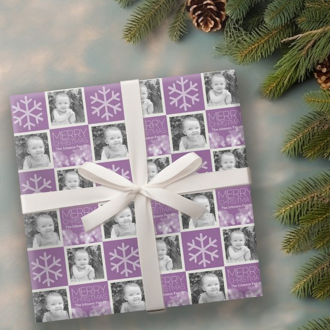 Modern Merry Christmas Orchid Bokeh Personalized Wrapping Paper (Personalized Wrapping paper - 2 Photos)