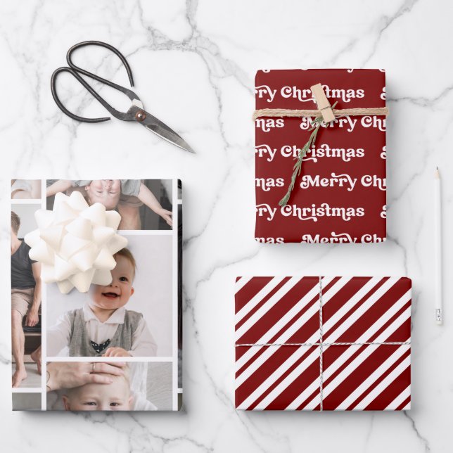 Modern Merry Christmas Photo Collage Candy Stripes Wrapping Paper Sheet (Front)
