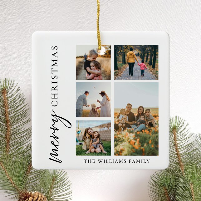 Modern Merry Christmas Photo Collage Ceramic Ornament (Creator Uploaded)