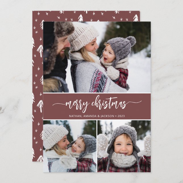 Modern Merry Christmas Photo Collage Holiday Card (Front/Back)