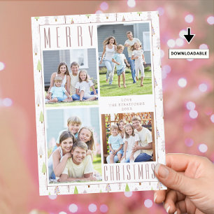 Modern MERRY CHRISTMAS Photo Collage Trees Pink Holiday Card