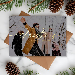 Modern Merry Christmas Photo   Dark Overlay  Foil Holiday Card