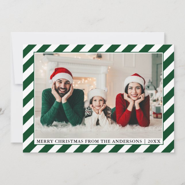 Modern Merry Christmas Photo Green Stripes Holiday Card (Front)