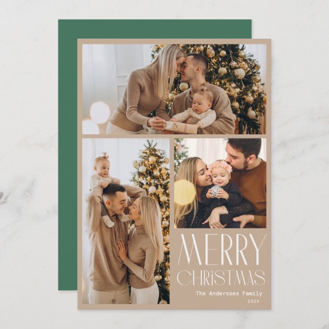 Modern Merry Christmas Photo Grid Holiday Card (Front/Back)