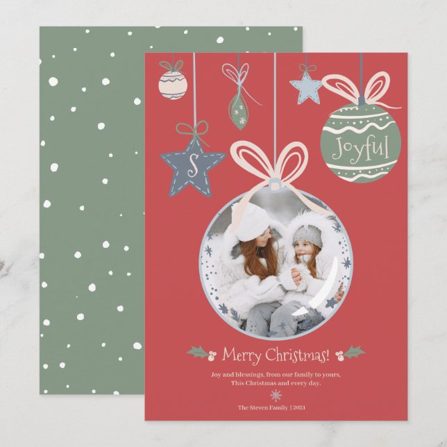 Modern Merry Christmas photo ornament illustration Holiday Card (Front/Back)