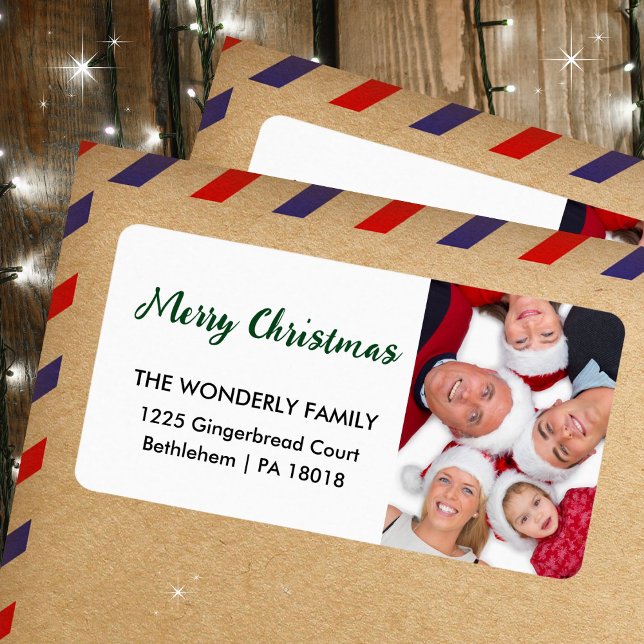 Modern Merry Christmas Photo Return Address Label (Add your own photo, family or individual name and address. Merry Christmas!!)