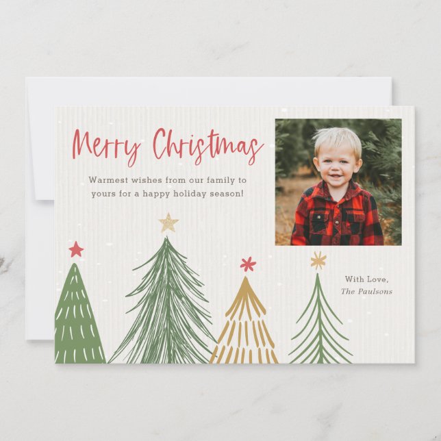 Modern Merry Christmas Pine Trees Photo Cards (Front)
