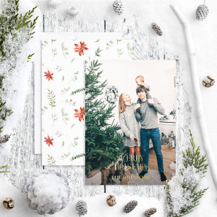 Modern Merry Christmas Poinsettia Green Gold Photo Foil Holiday Card