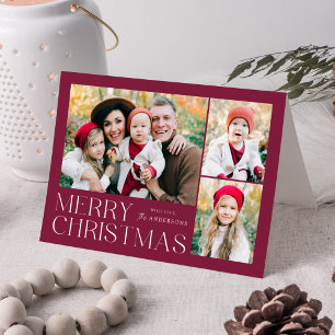 Modern Merry Christmas Purple 4 Photo Holiday Card