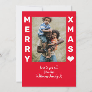 Modern Merry Christmas red and white family photo Holiday Card