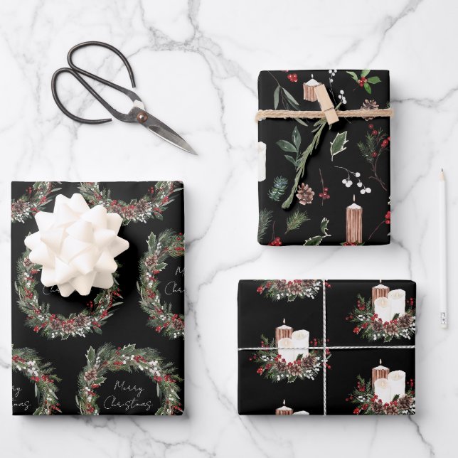 Modern Merry Christmas Red Berry Botanical Wreath Wrapping Paper Sheet (Front)