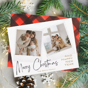 Modern Merry Christmas Red Black Plaid Photo Card