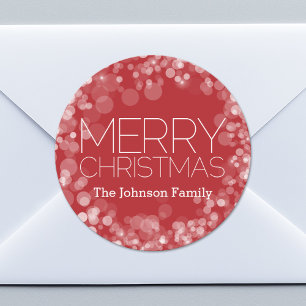 Modern Merry Christmas Red Bokeh Personalized Classic Round Sticker