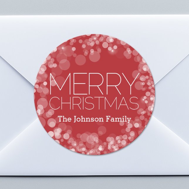 Modern Merry Christmas Red Bokeh Personalized Classic Round Sticker (Custom Sticker for Party Favors or Envelopes)