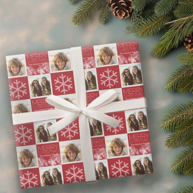 Modern Merry Christmas Red Bokeh Personalized Wrapping Paper (Personalized wrapping paper with 2 photos)