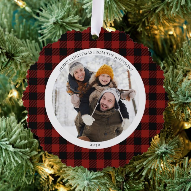 Modern Merry Christmas Red Buffalo Check Photo Ornament Card (Insitu (Tree))