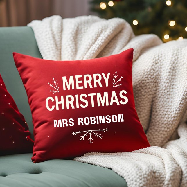 Modern Merry Christmas Red Custom Family Throw Pillow (Creator Uploaded)