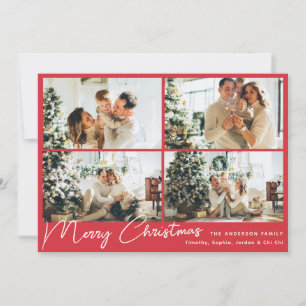 Modern Merry Christmas Red Four Photo Collage Holiday Card