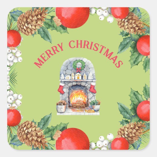 Modern Merry Christmas Red Green Fireplace Wreath Square Sticker (Front)