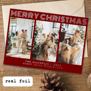 Modern Merry Christmas Red Photo Foil Holiday Card