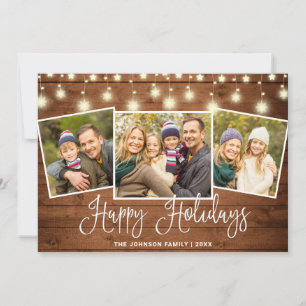 Modern Merry Christmas Rustic 3 PHOTO Greeting Holiday Card