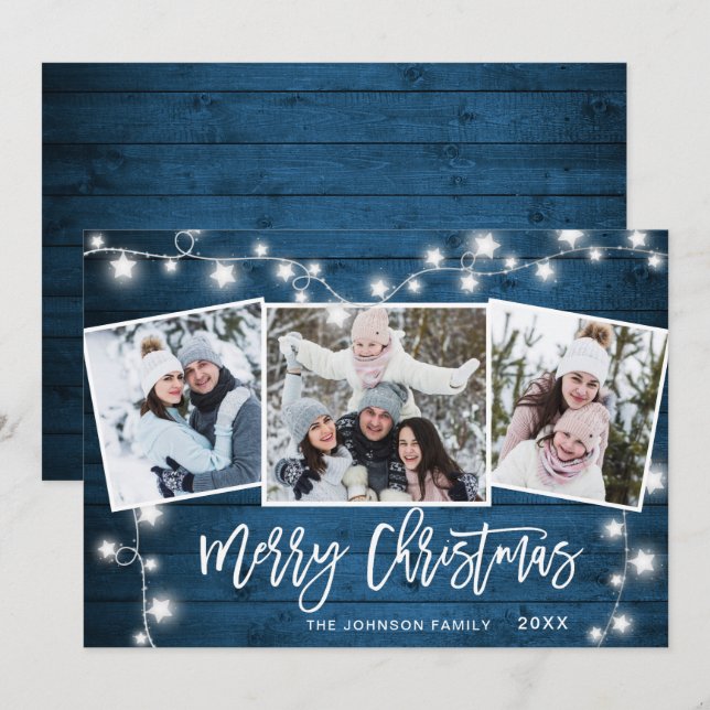 Modern Merry Christmas Rustic  3 PHOTO Greeting Holiday Card (Front/Back)