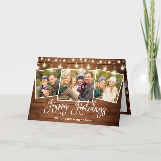 Modern Merry Christmas Rustic 3 PHOTO Greeting Holiday Card (Front)