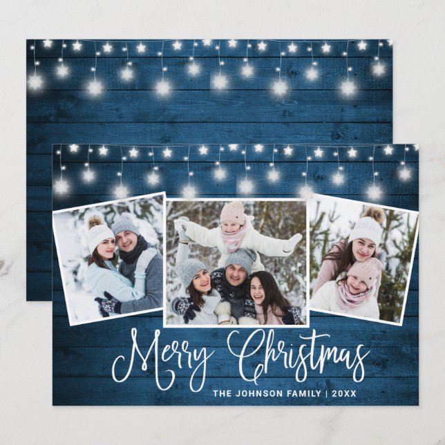 Modern Merry Christmas Rustic  3 PHOTO Greeting Holiday Card (Front/Back)