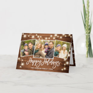 Modern Merry Christmas Rustic 3 PHOTO Greeting Holiday Card