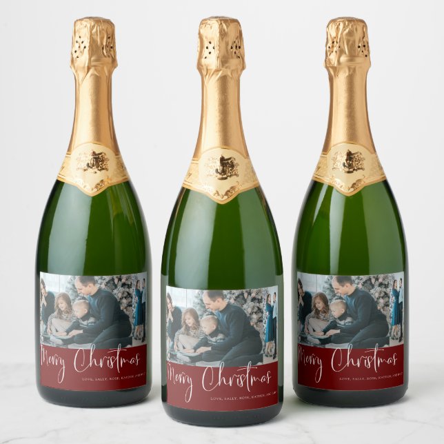 Modern Merry Christmas Script 2 Photo Collage Red Sparkling Wine Label (Bottles)