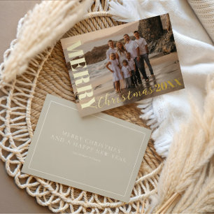Modern Merry Christmas Script Beige 1 Photo Gold  Foil Holiday Card