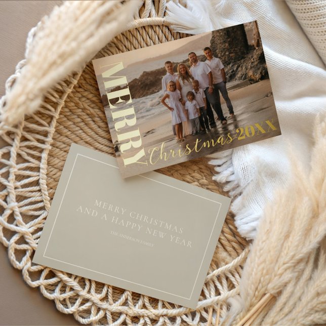 Modern Merry Christmas Script Beige 1 Photo Gold  Foil Holiday Card (Creator Uploaded)