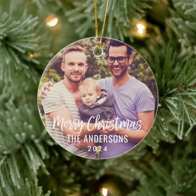 Modern Merry Christmas Script Custom Family Photo Ceramic Ornament (Tree)