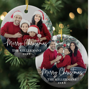 Modern Merry Christmas Script Custom Family Photo Ceramic Ornament