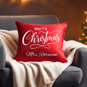 Modern Merry Christmas Script Custom Name Throw Pillow