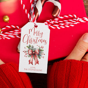 Modern Merry Christmas Script Holly Bow Name Gift Tags