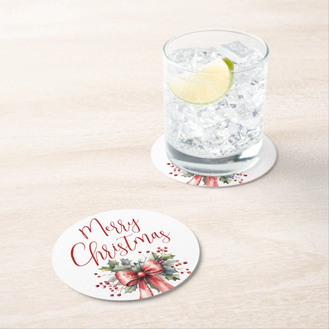 Modern Merry Christmas Script Holly Bow Red Round Paper Coaster (Insitu)