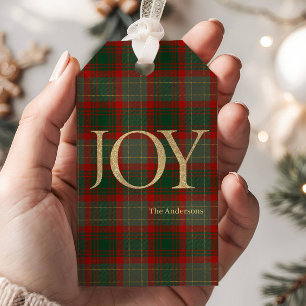Modern Merry Christmas script Joy tartan red Gift Tags