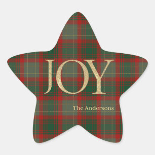 Modern Merry Christmas script Joy tartan red Star Sticker
