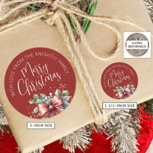 Modern Merry Christmas Script Red Bow From Name Classic Round Sticker